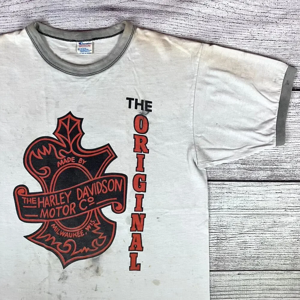 Vintage 1980s Harley Davidson Motorcycles Champion Ringer T-shirt - Picture 1 of 9